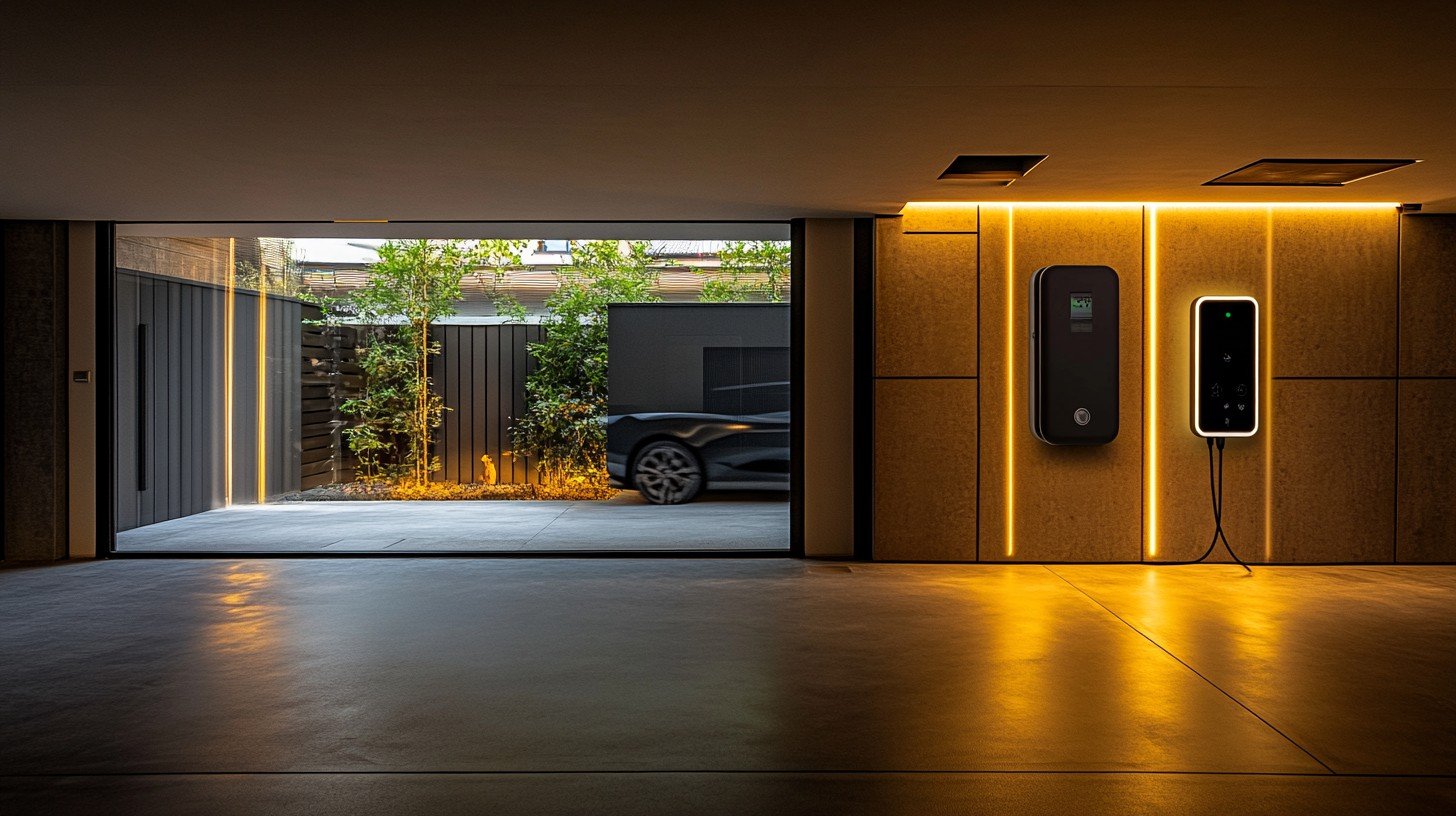 uma garagem contemporânea banhada por uma iluminação ambiente e aconchegante que destaca as linhas limpas e o design minimalista do espaço.