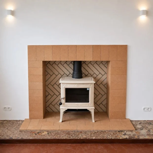 After — dressed stone fireplace, with a brick firebox laid in herringbone over encaustic tiles