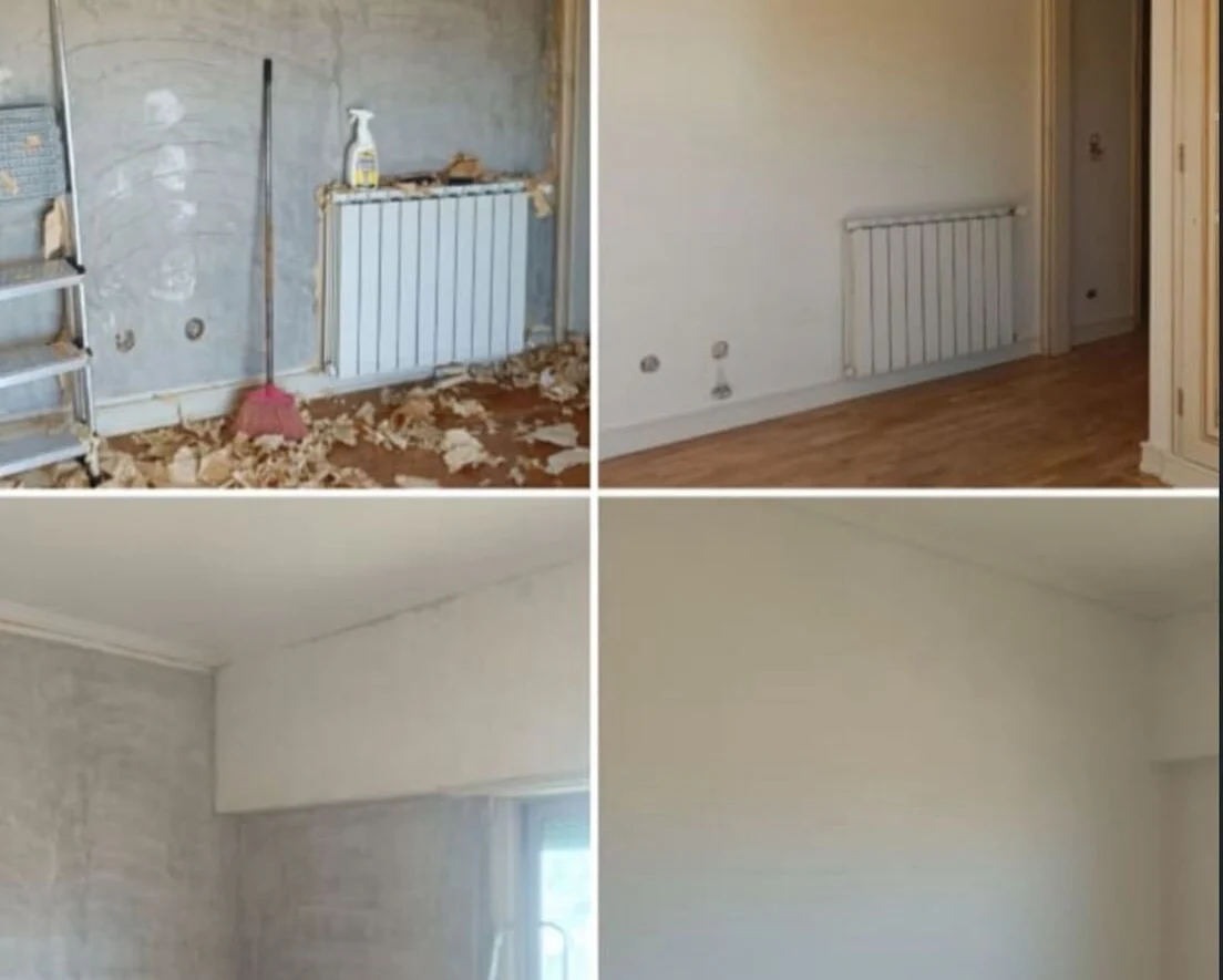 Antes e depois — paredes picadas, regularizadas e pintadas