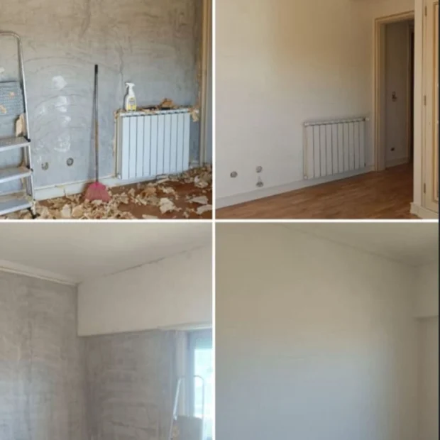 Before and after — walls hacked back, levelled and painted