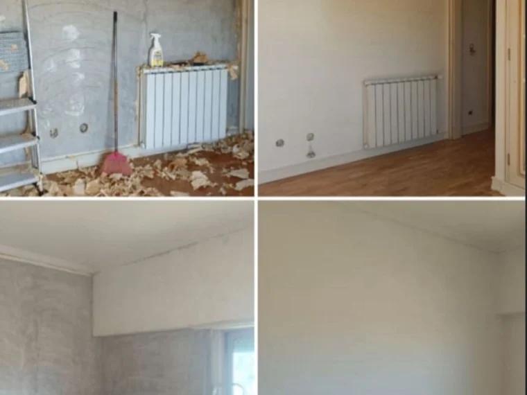 Before and after — walls hacked back, levelled and painted