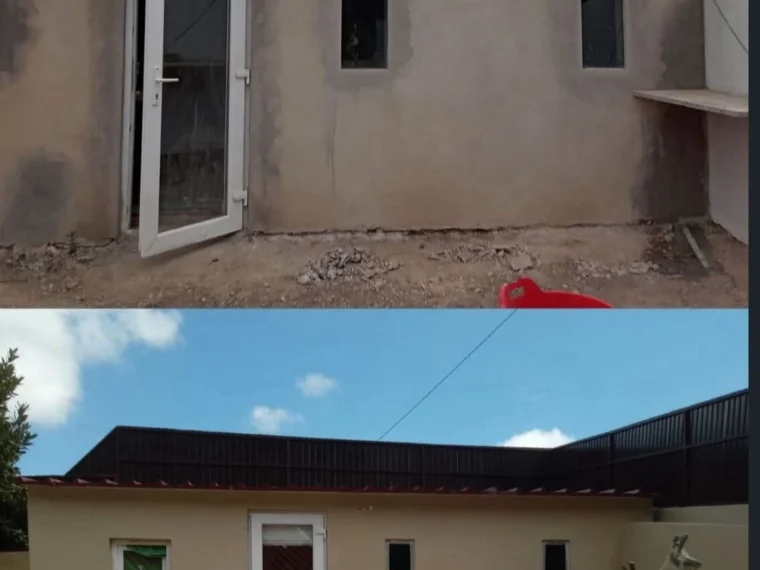 Before and after — outbuilding: render, paint and roof