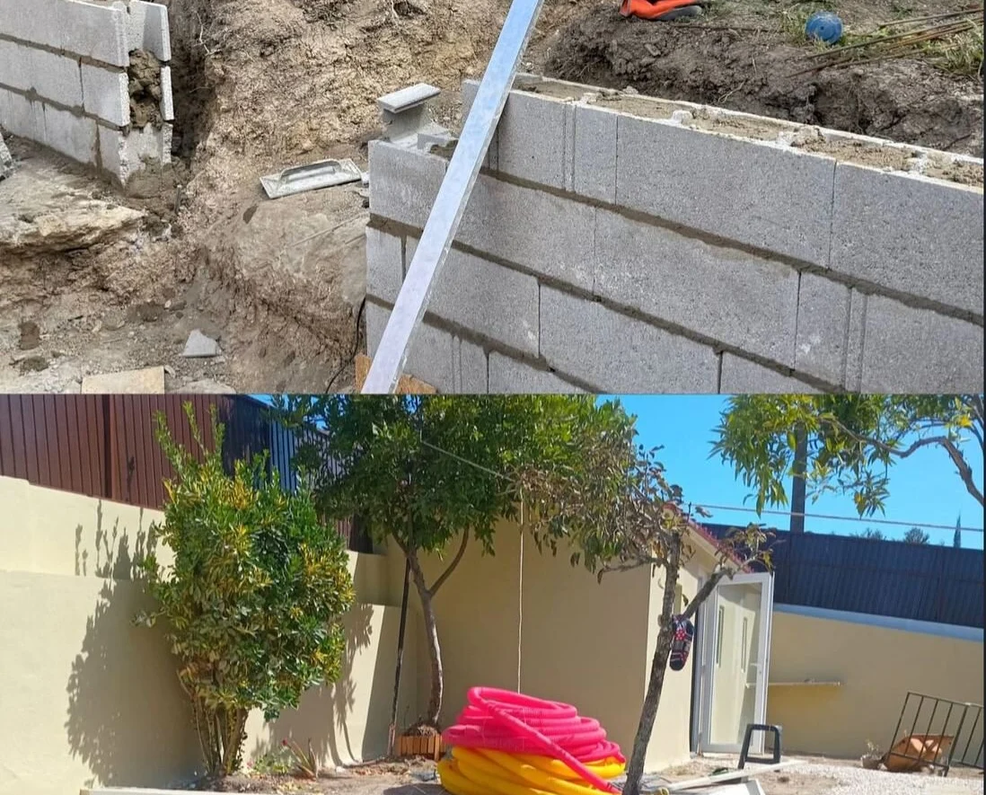 Before and after — retaining wall, from blockwork to the final coat