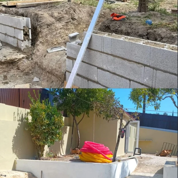 Before and after — retaining wall, from blockwork to the final coat