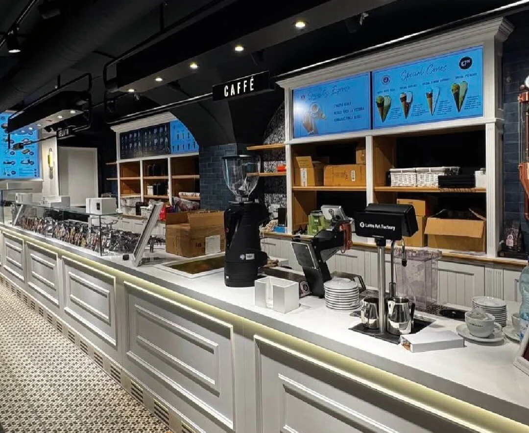 After — ice cream shop finished: lacquered counter over encaustic tiles