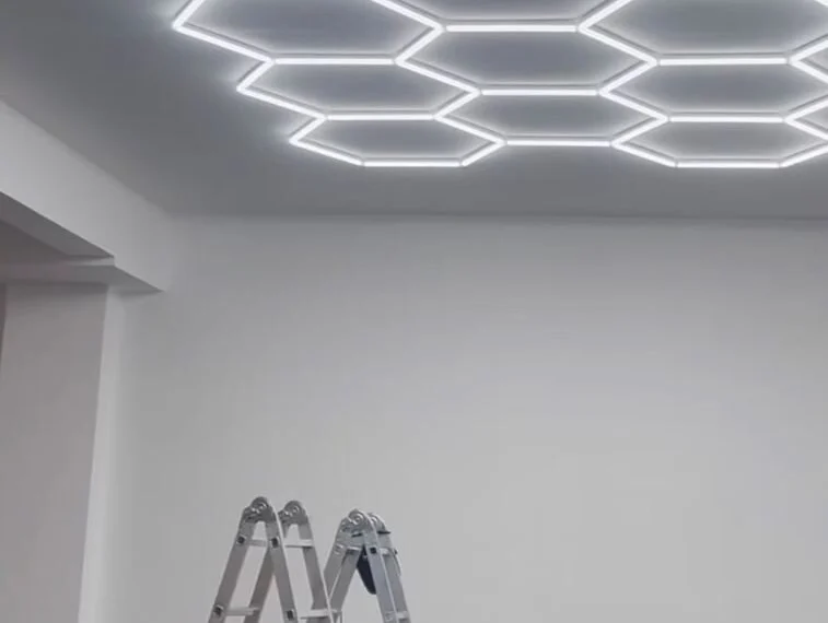 After — ceiling with LED lighting in a hexagonal grid