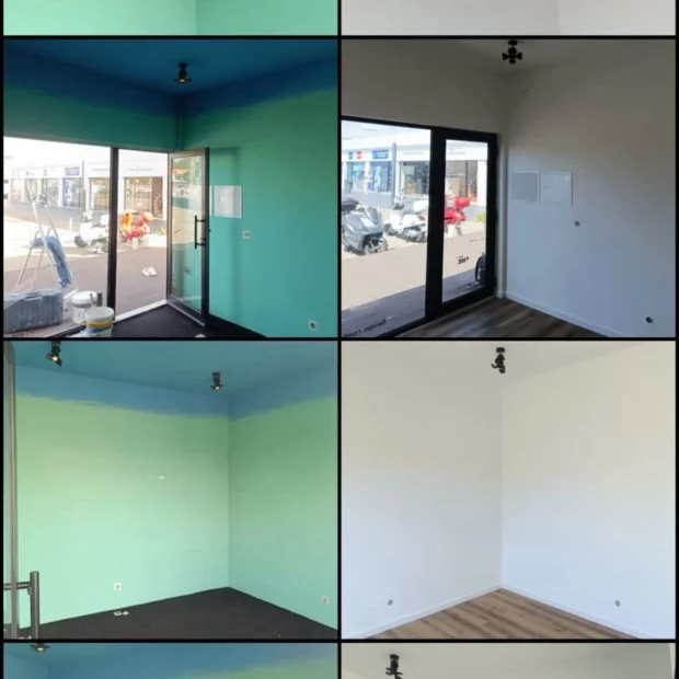 Before and after — walls and ceilings prepared, painted, and a new floor