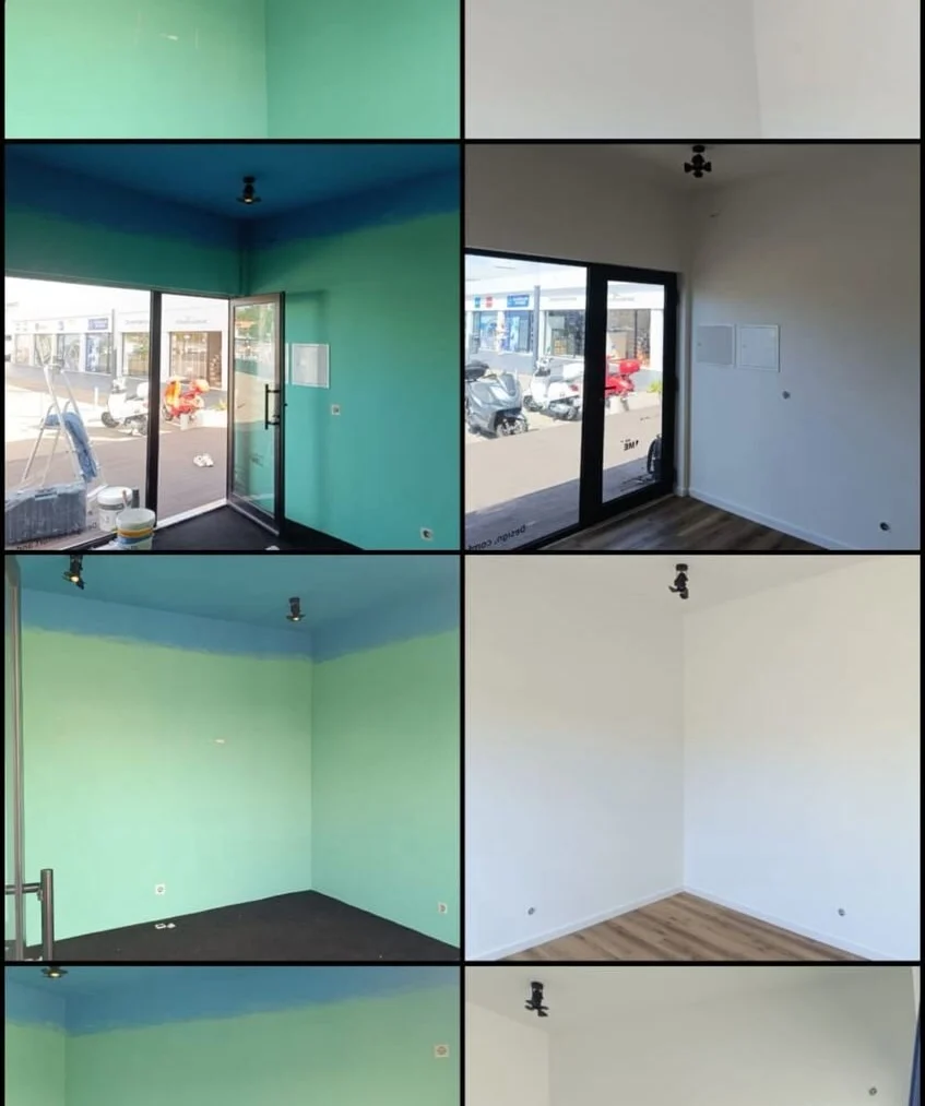Antes e depois — preparação de paredes e tetos, pintura e pavimento novo