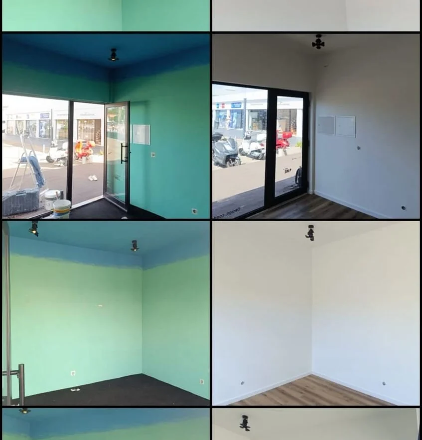 Before and after — walls and ceilings prepared, painted, and a new floor