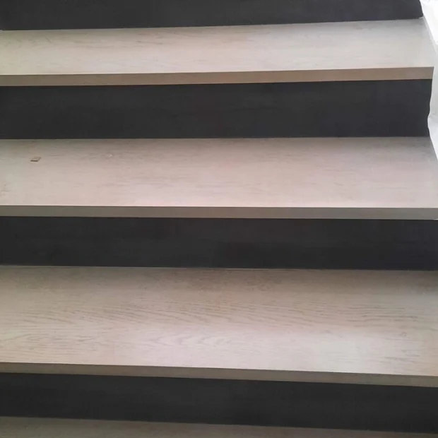 Detail of the pale timber treads over dark microcement