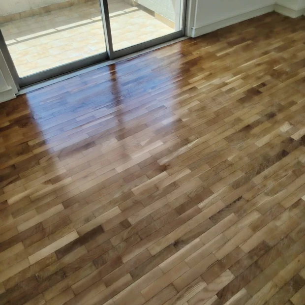 Varnished timber floorboards